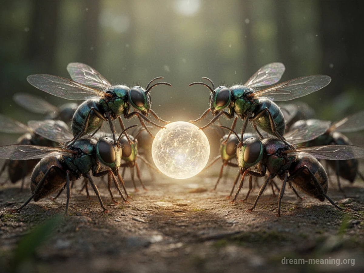 Several insects working together to transport a small spherical object.