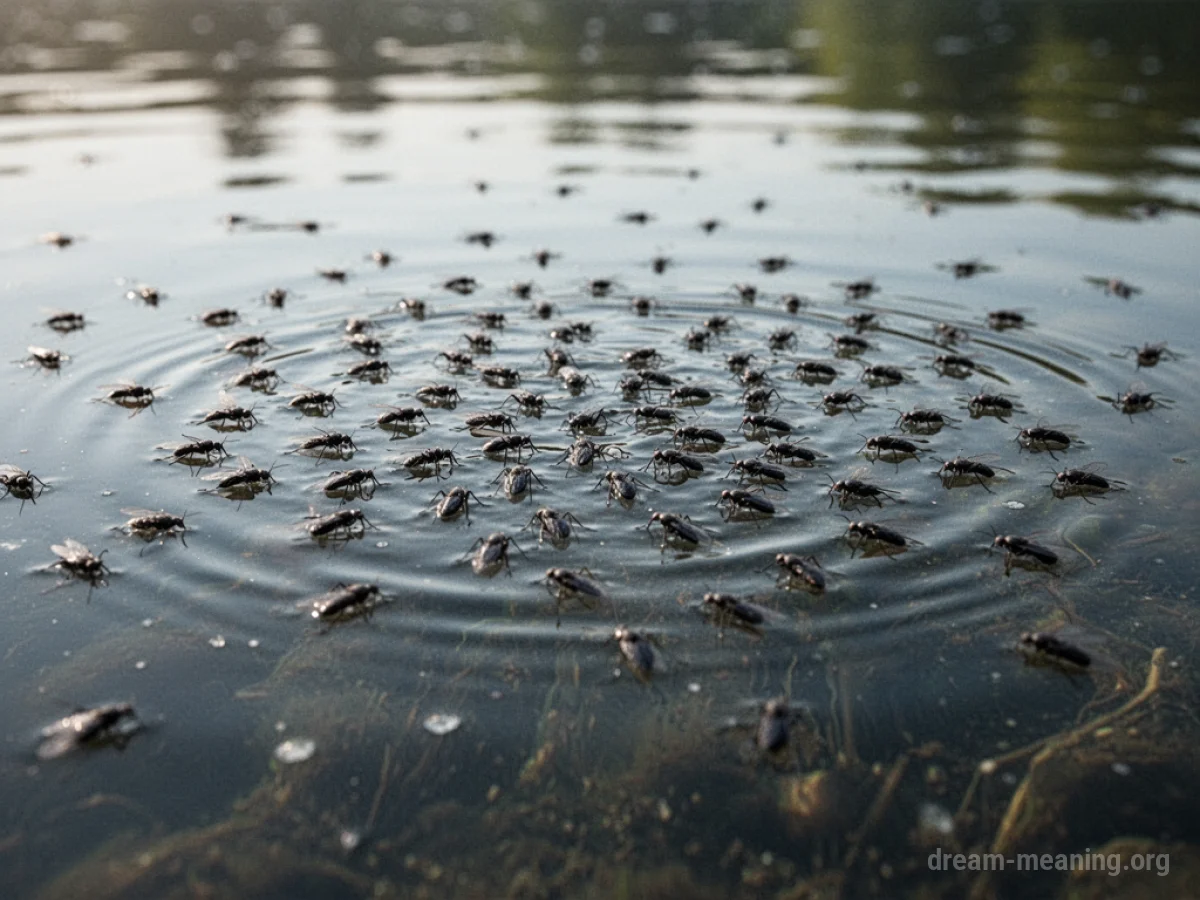 A cluster of insects on the surface of water.