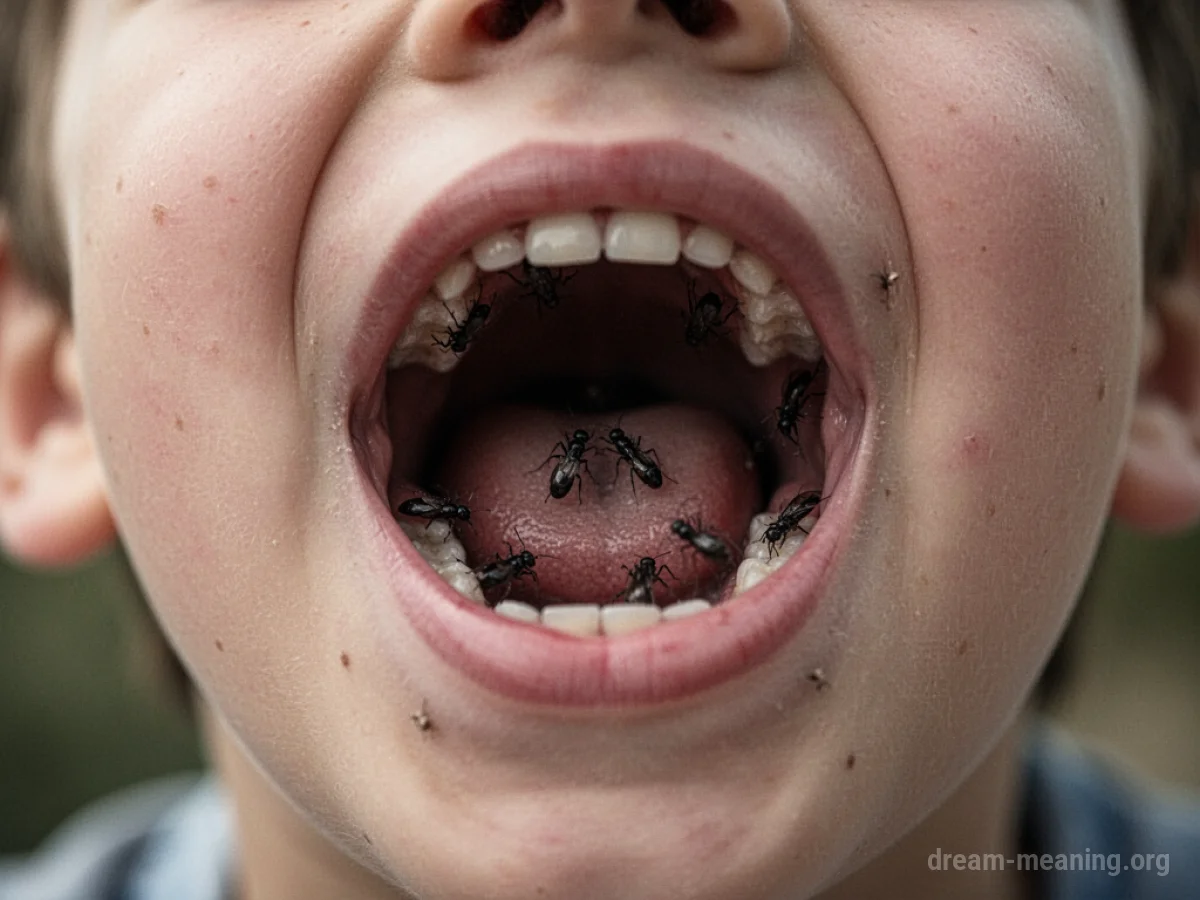 Close-up view of dark insects inside an open mouth.