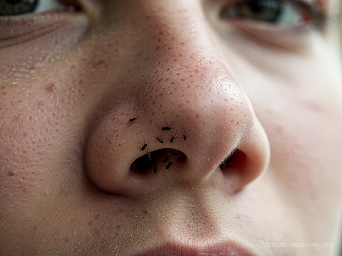 Close-up of the opening of a human nostril with dark shapes visible within.