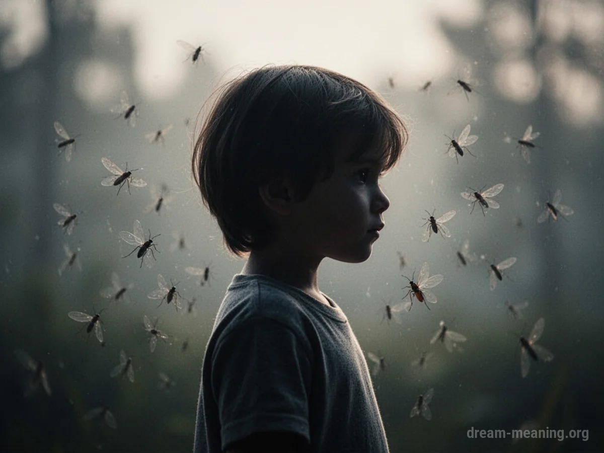 Silhouette of a child with indistinct insect shapes hovering nearby.