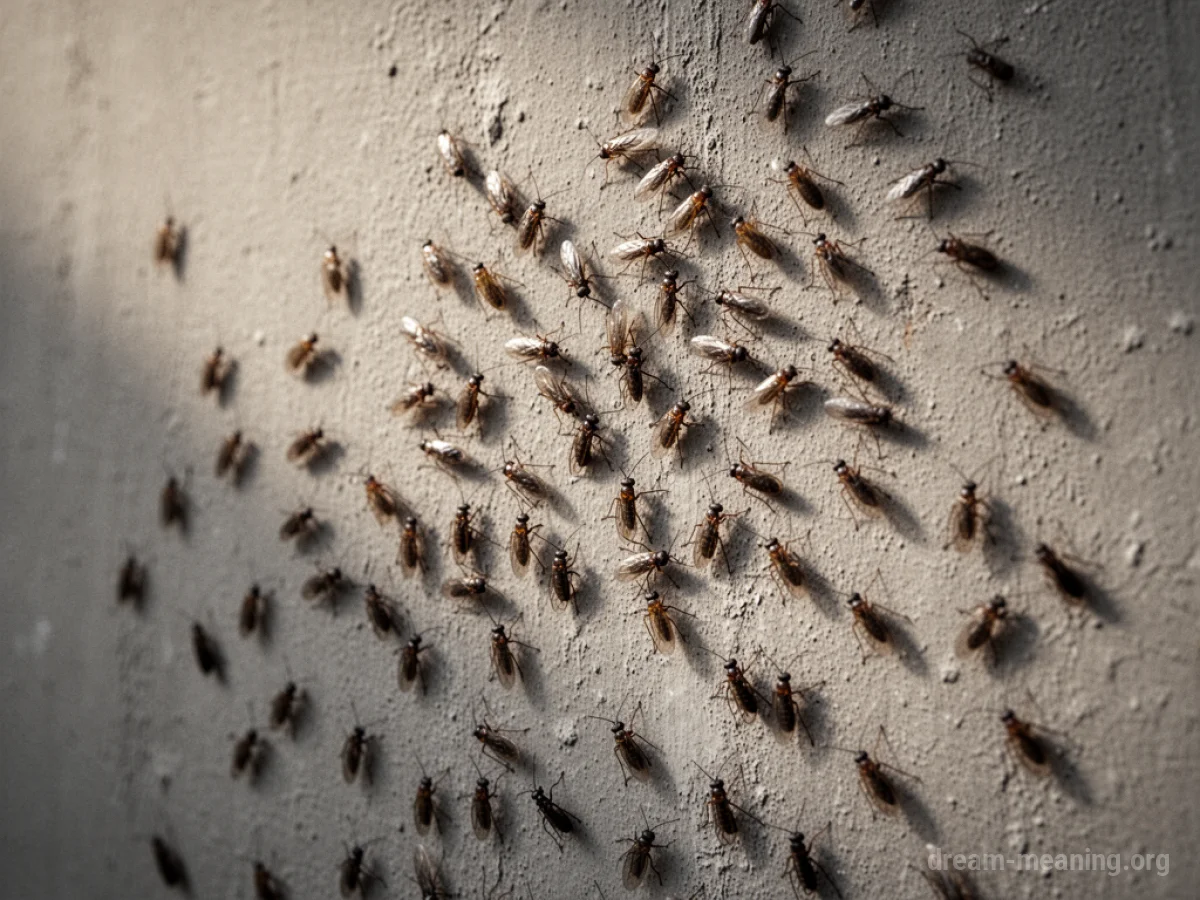 A dense collection of small insects crawling across a neutral-colored wall surface.