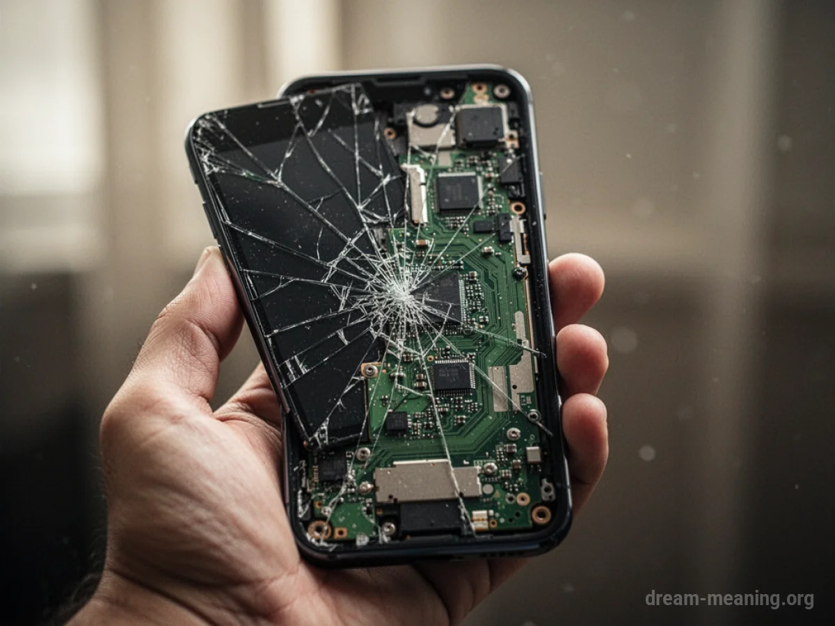 A hand holding a smartphone with a severely cracked screen.