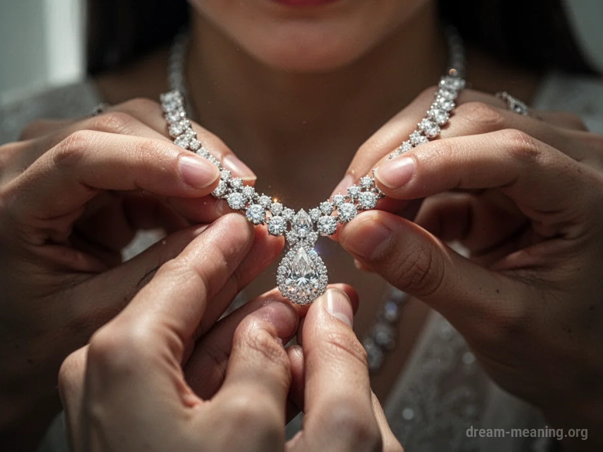 Hands holding a diamond necklace under a spotlight.