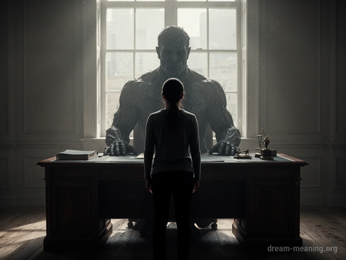 Silhouette of a person standing before a boss at a desk.