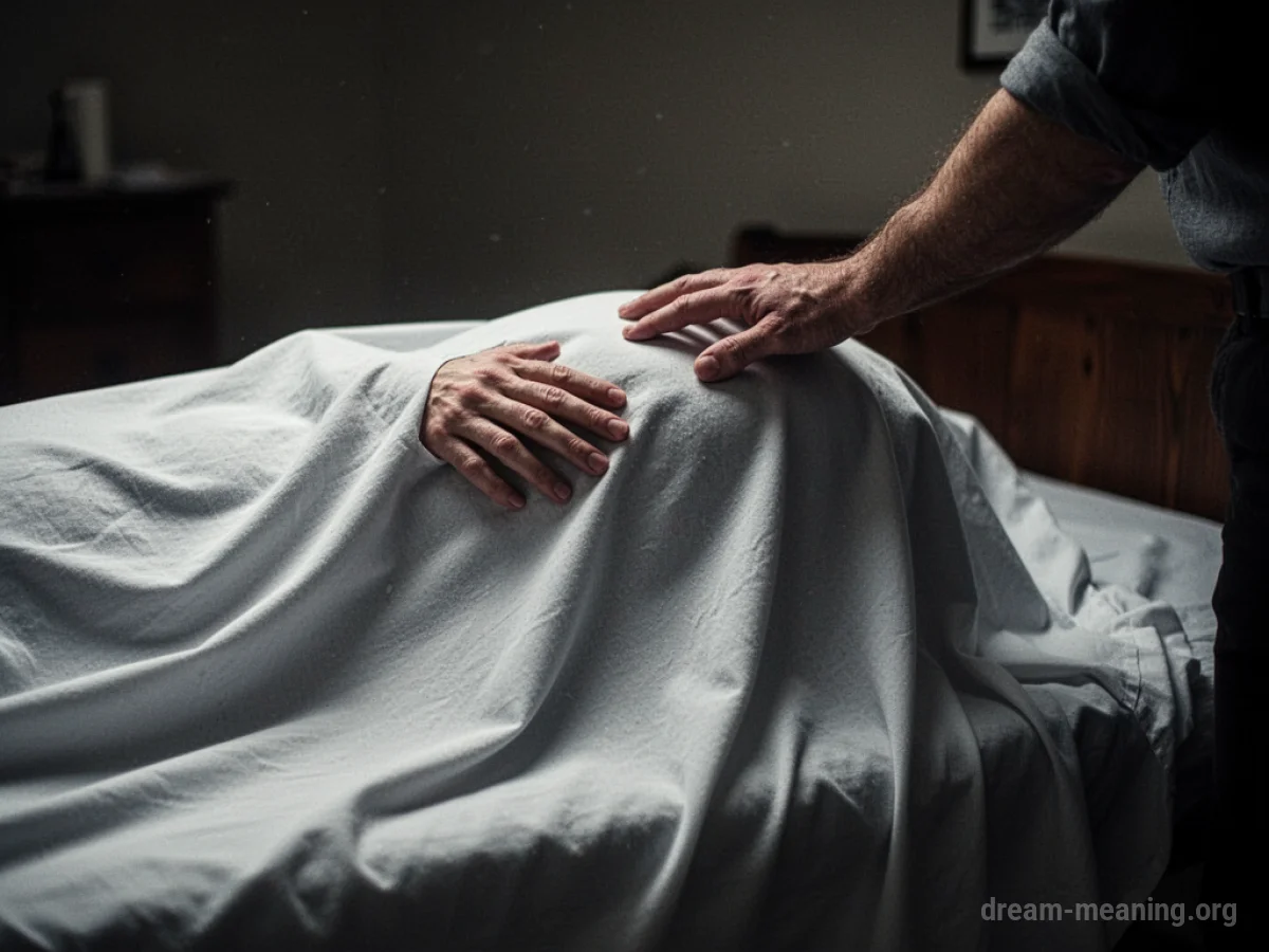 A hand hovering over a body covered by a white sheet.