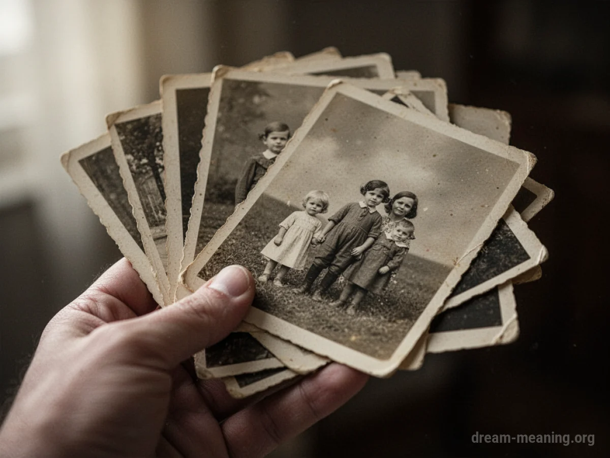 A hand holding a stack of old photographs.