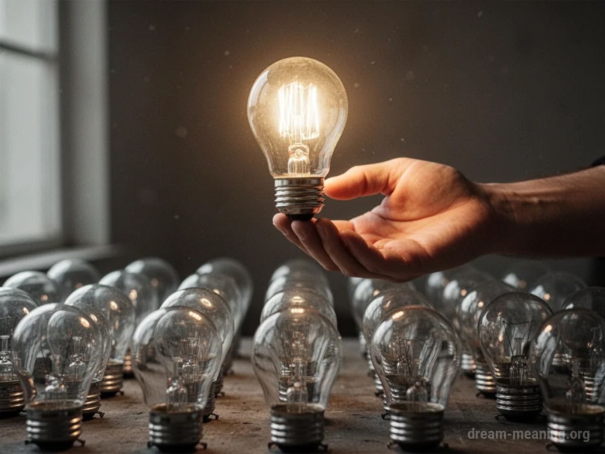 A single illuminated lightbulb among many unlit bulbs, with a hand reaching for it.