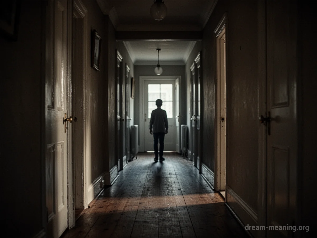 A person's silhouette standing in a dark hallway.