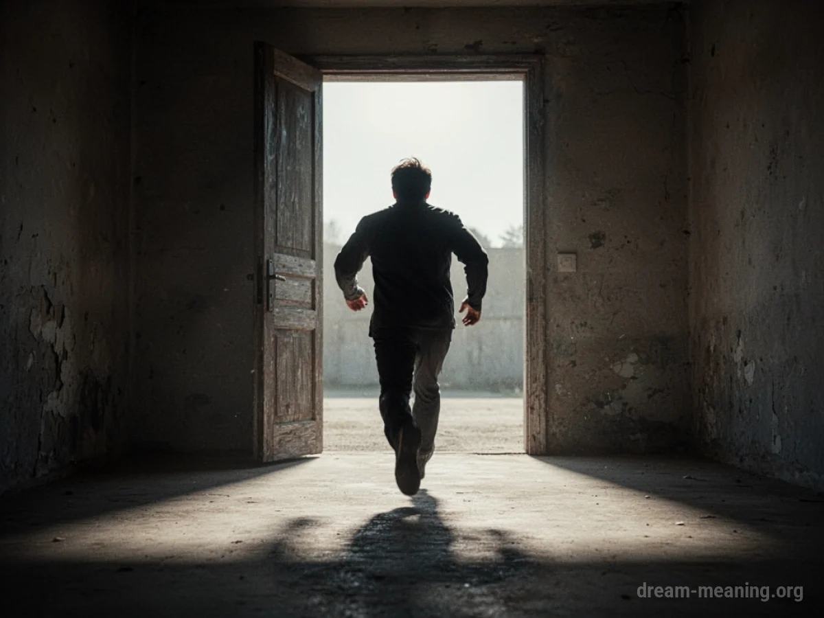 A silhouette running from a dark doorway into a sunlit landscape.