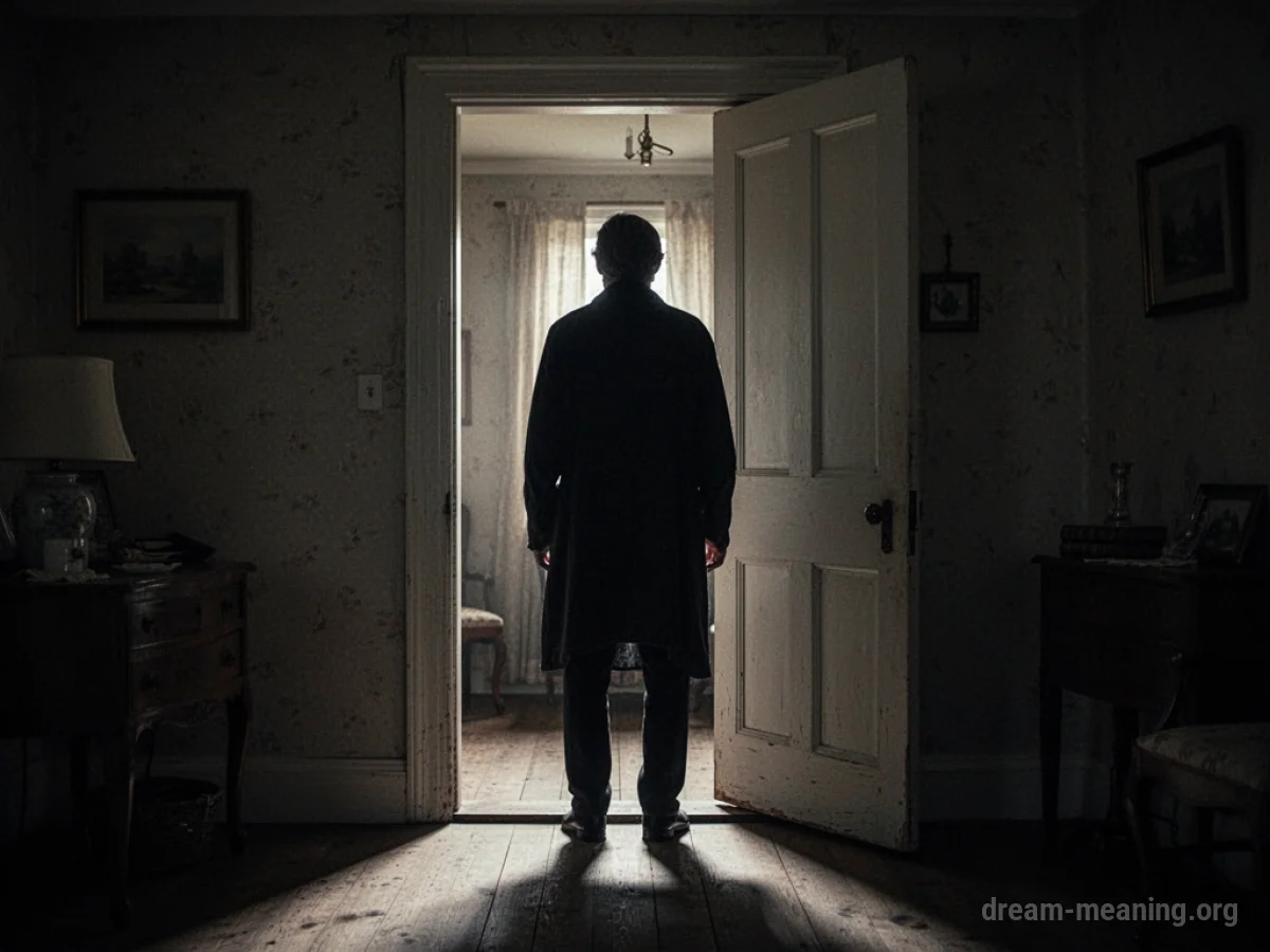 A silhouette of a person stands in a doorway.