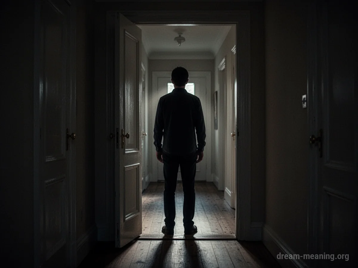 Silhouette of a person standing just inside a dark doorway.