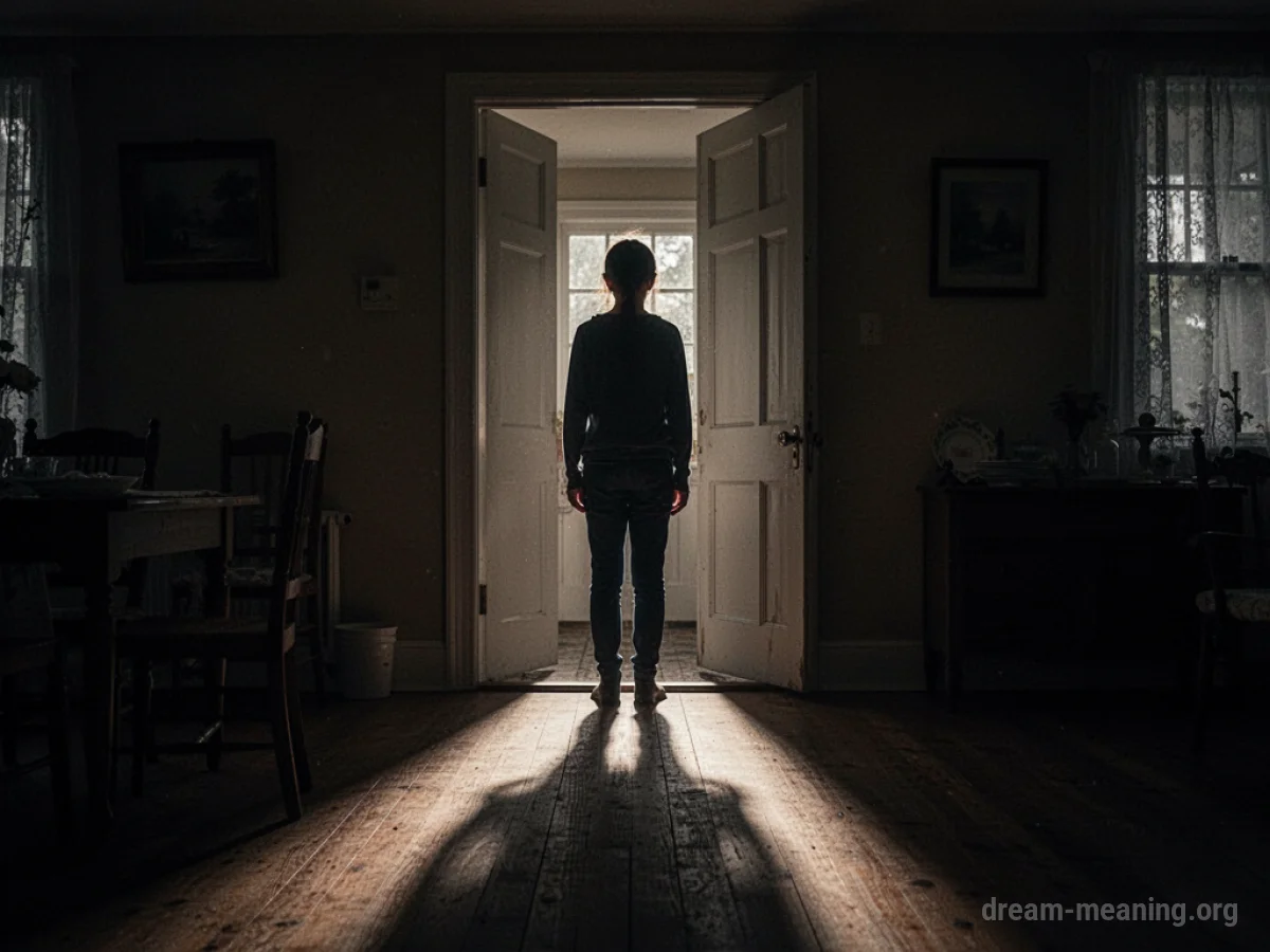 A dark silhouette stands inside a house doorway.