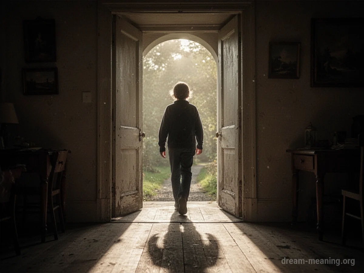 A silhouette of a person walking away from an open doorway into a bright, distant landscape.