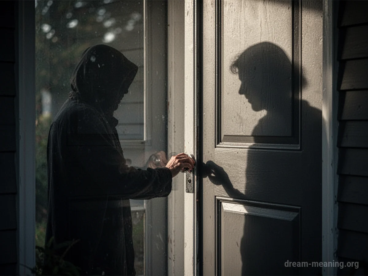 A silhouette of a person at a door with their hand near the knob.