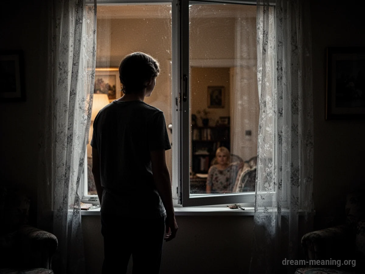 Silhouette of a figure outside a window looking into a room.