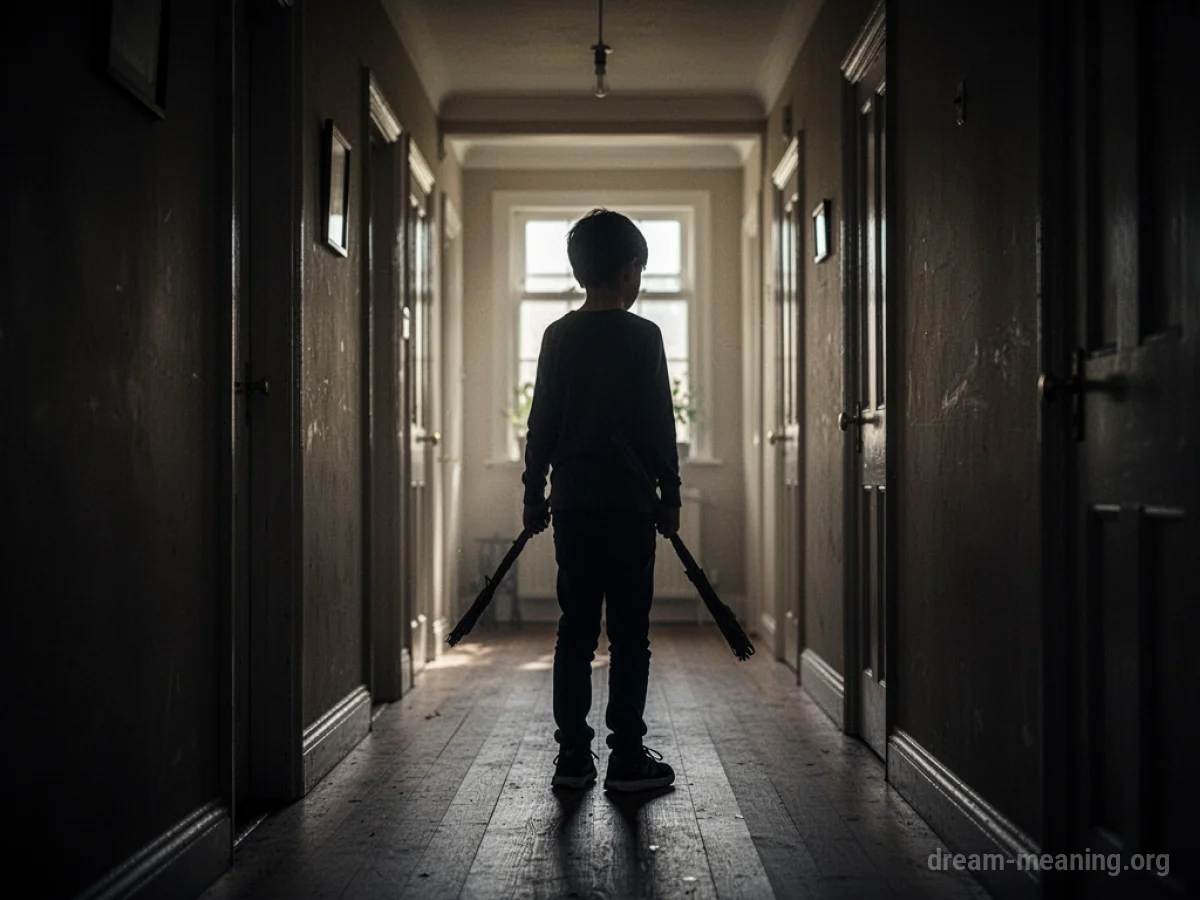Silhouette of a figure holding a long object in a dark hallway.