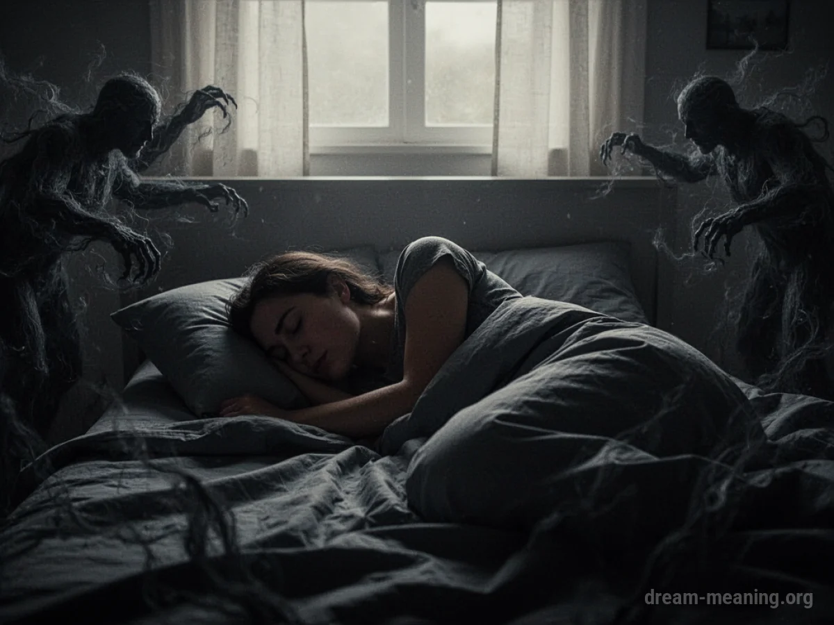 Silhouette of a person sleeping in a bed with shadowy forms approaching.