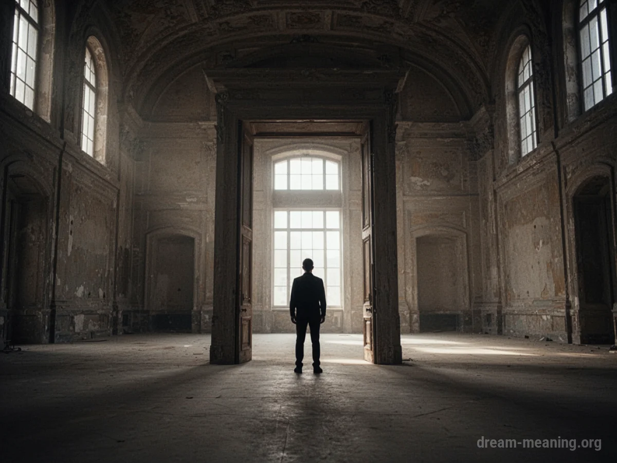Silhouette of a person standing in a doorway looking into a large, empty hall.