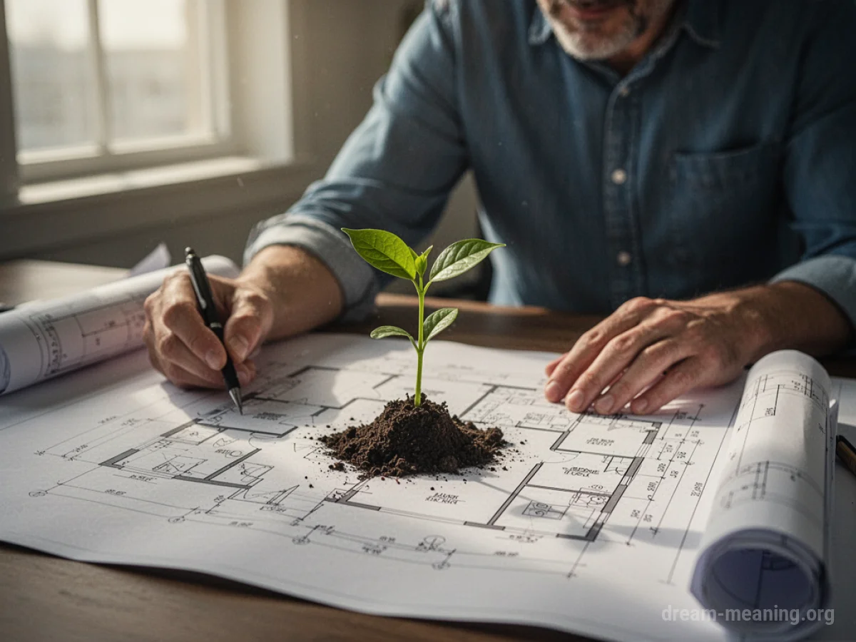 A person examining a business blueprint with a small plant emerging from it.