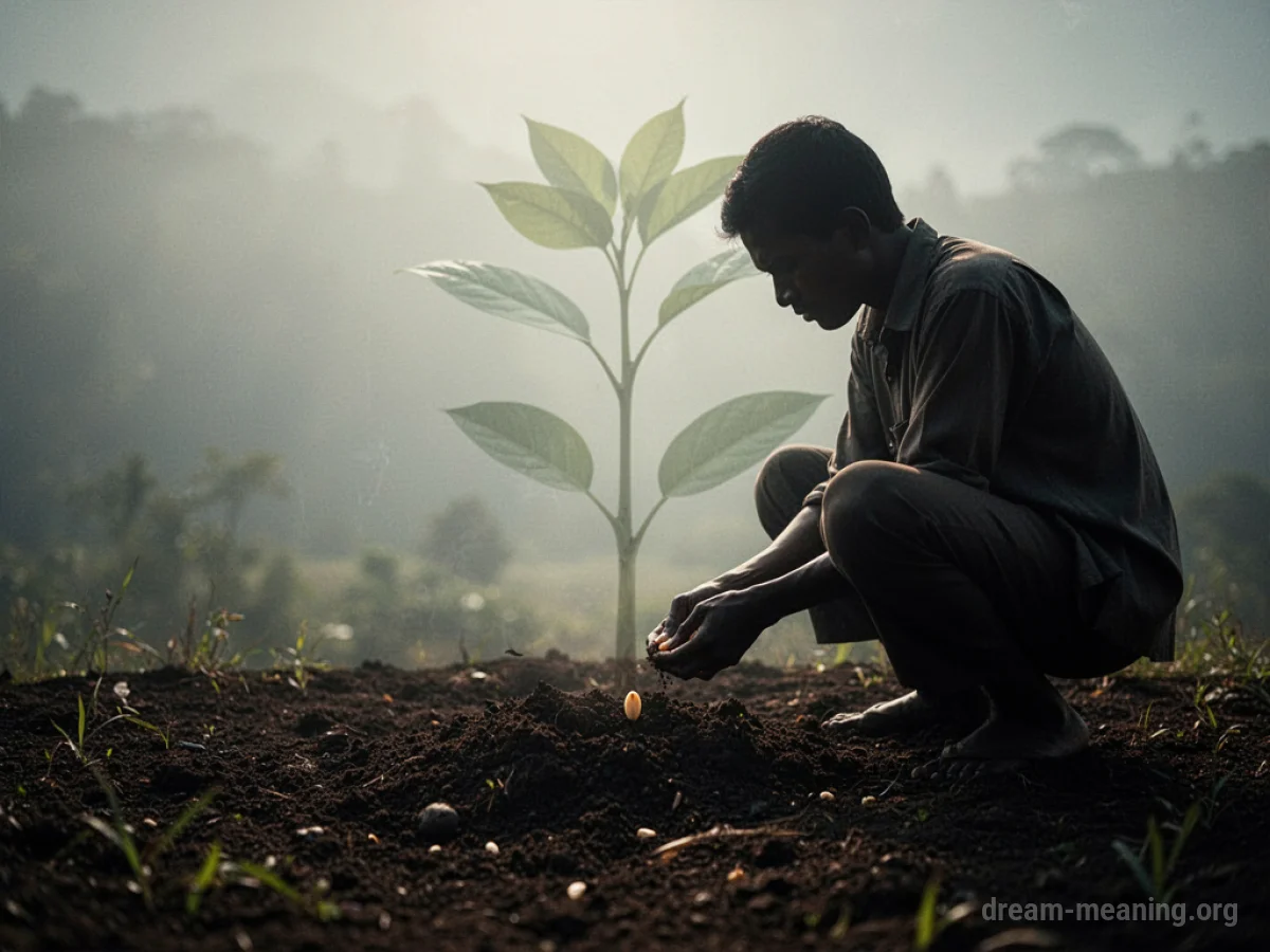 Silhouette of a person planting a seed in the ground.
