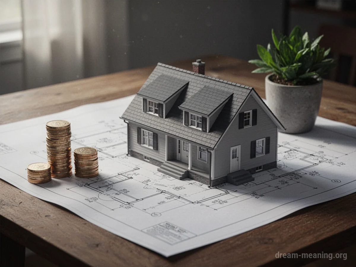 A hand places a house blueprint onto a table with coins and a plant.