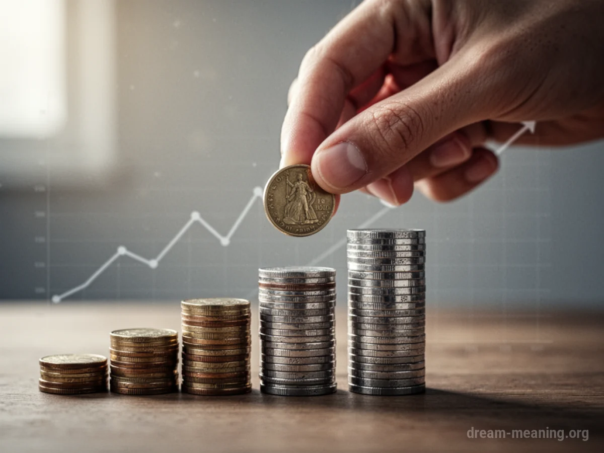 A hand placing a coin on a stack of coins with a faint upward graph.