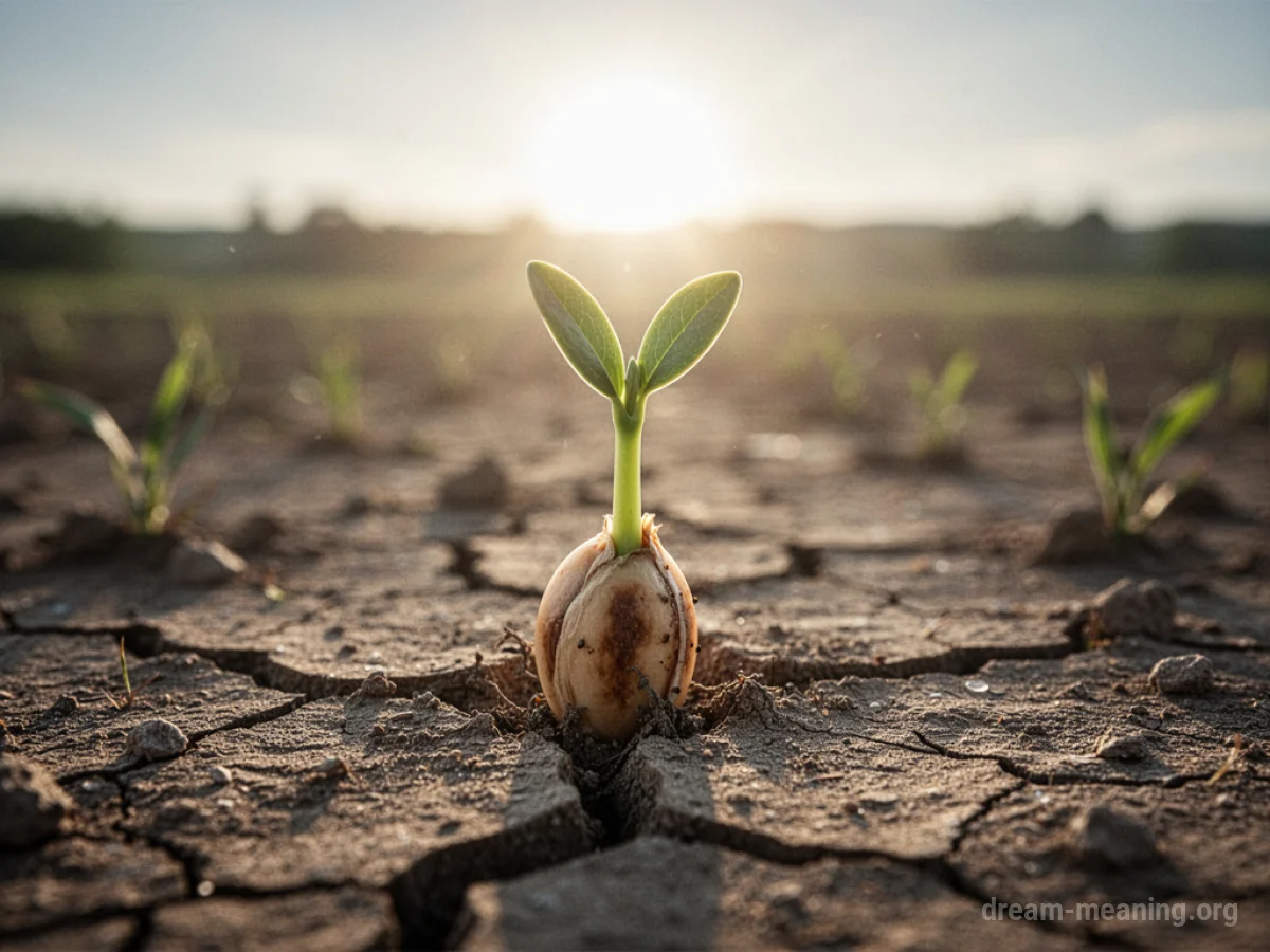 A small green sprout emerging from dry soil under a sun.