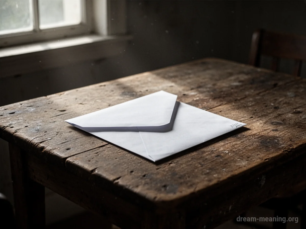 An unopened envelope on a wooden table.