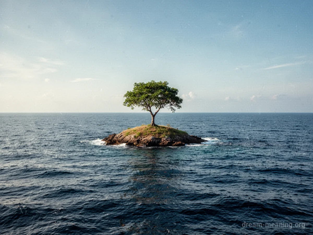 A small island with a single tree surrounded by a large expanse of ocean.