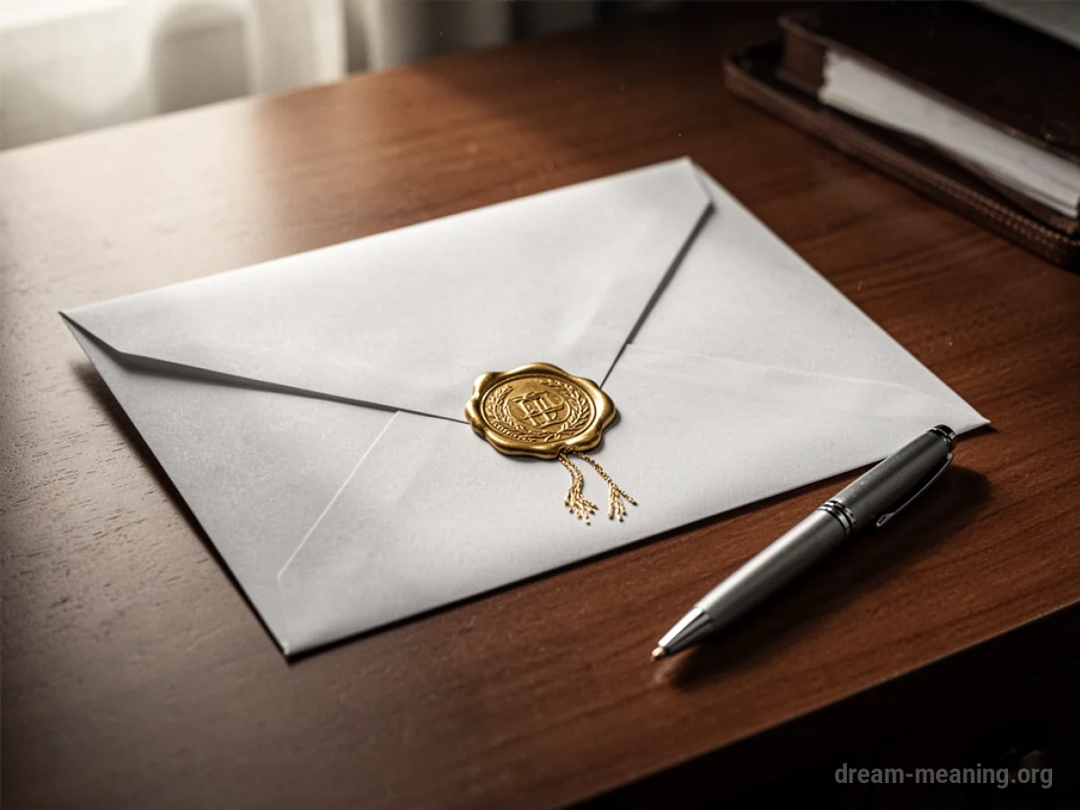 A formal envelope with a golden seal on a desk.