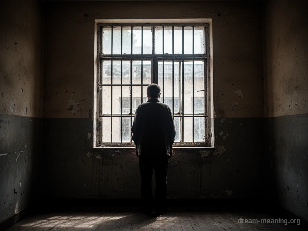 Silhouette of a person standing near a barred window.