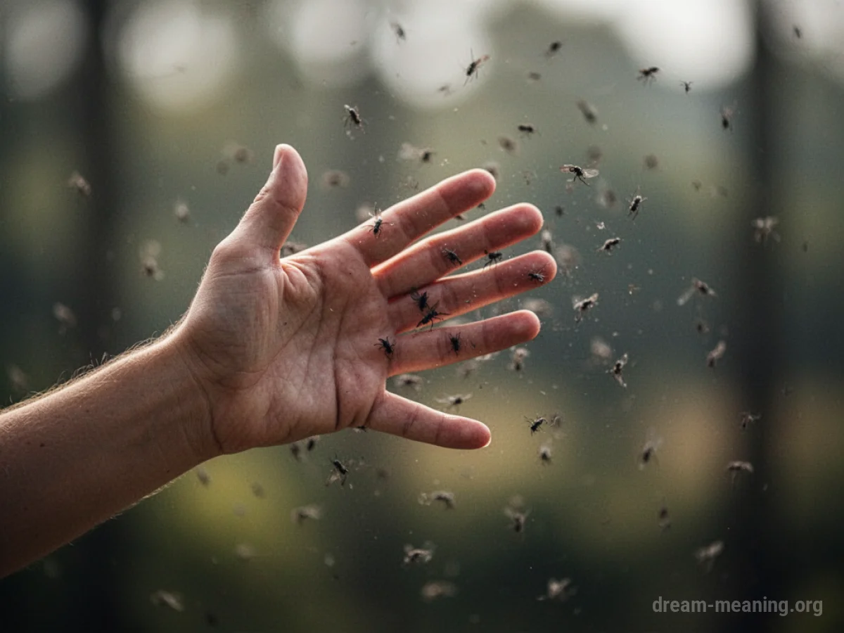 A hand in motion, swatting at tiny, dark shadows.