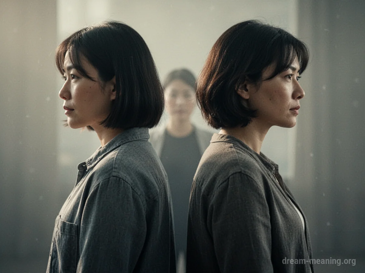 Two silhouettes facing away from each other with a third blurred silhouette between them.