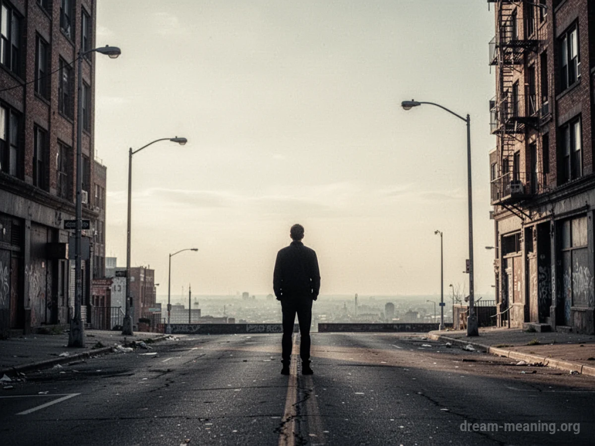 A lone figure stands on an empty city street.