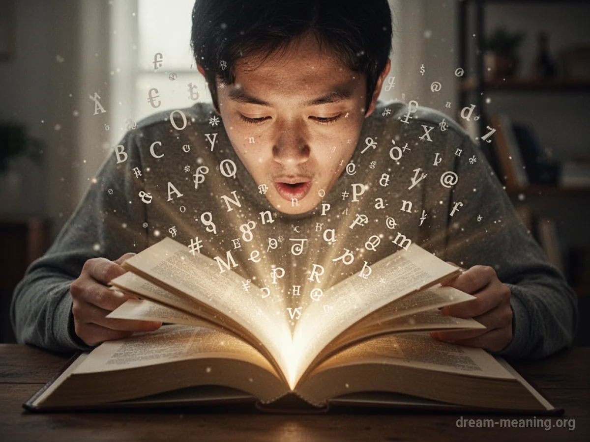 A person illuminated by light from a book filled with rapidly appearing symbols.