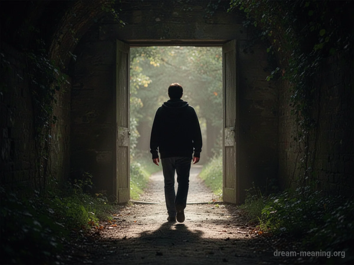 A silhouette of a person walking away from a doorway towards a brighter path.