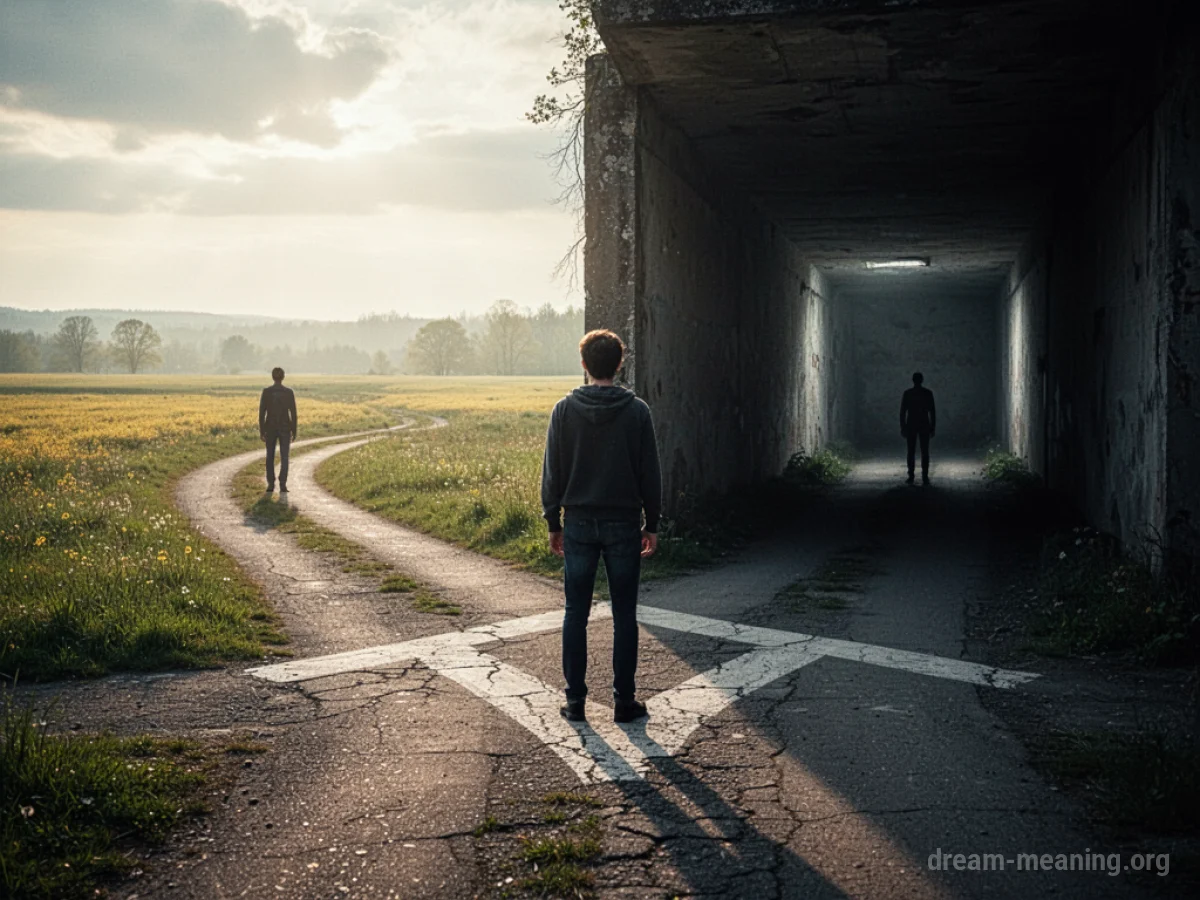 A person at a fork in the road with two distinct paths.