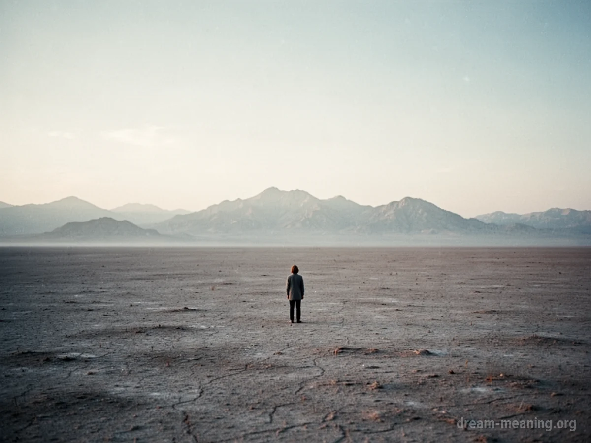 A lone figure in a wide, empty landscape.