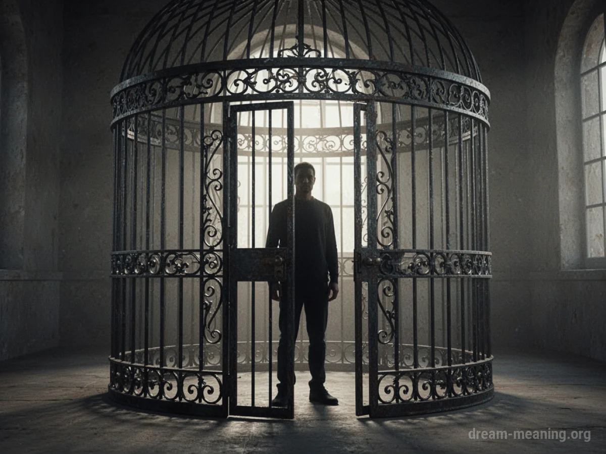 A person's silhouette within an open-doored cage.
