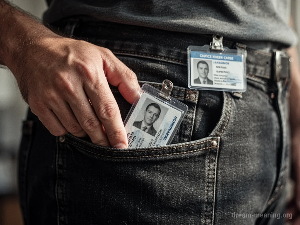 A hand reaching into an empty pocket with a faint outline of an ID card visible.