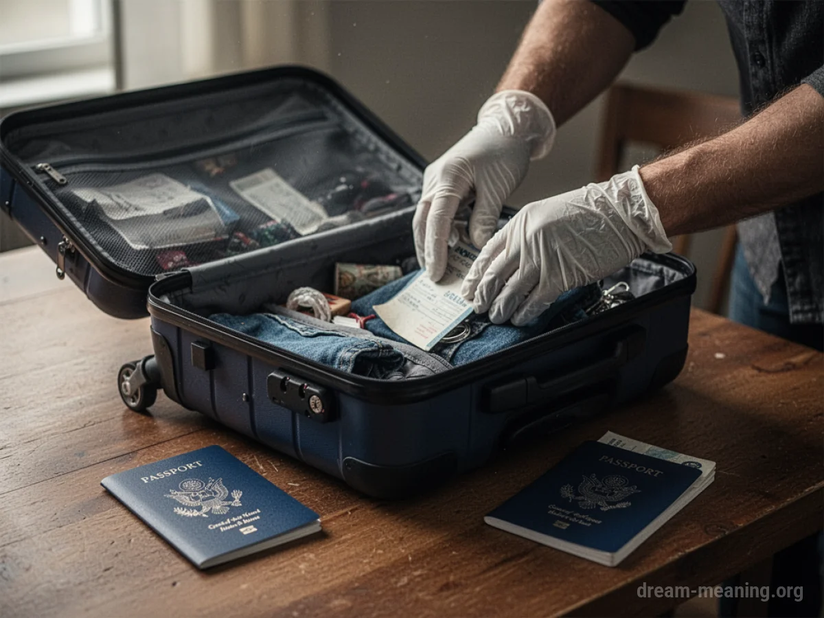 A suitcase is open on a table with gloved hands inspecting its contents.