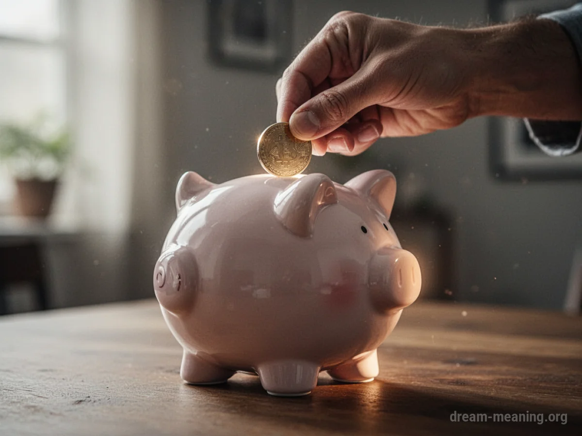 A hand places a coin into a piggy bank.