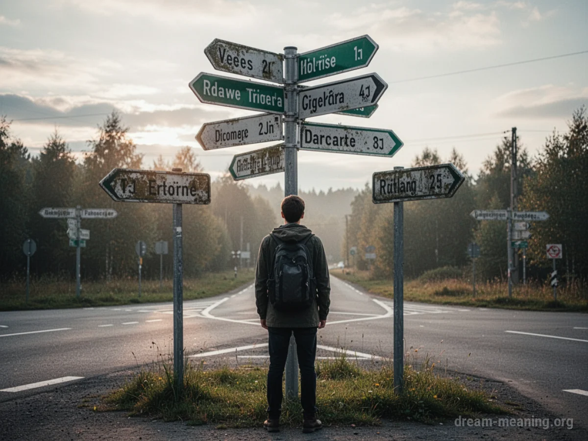 A person stands at a crossroads with many directional signs.