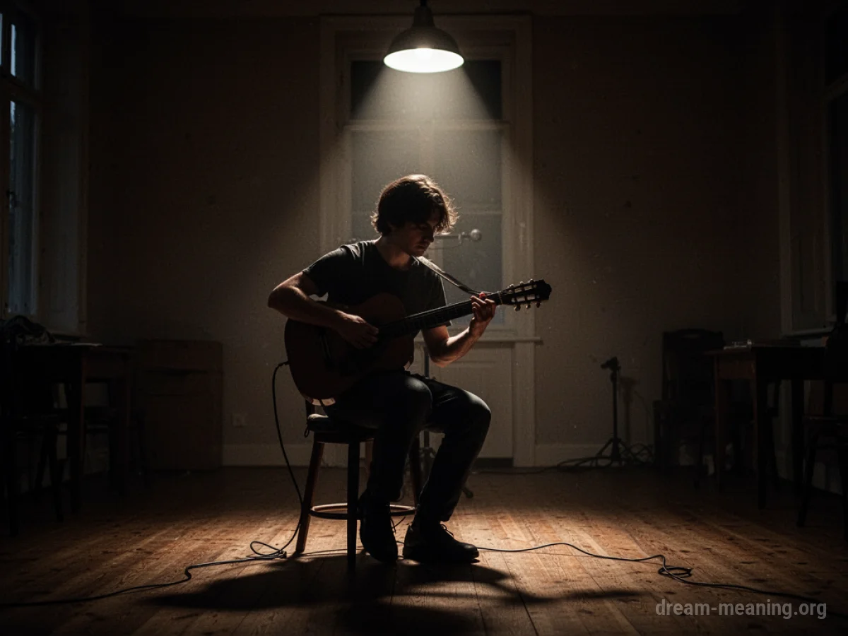 Silhouette of a person practicing a musical instrument under a spotlight.