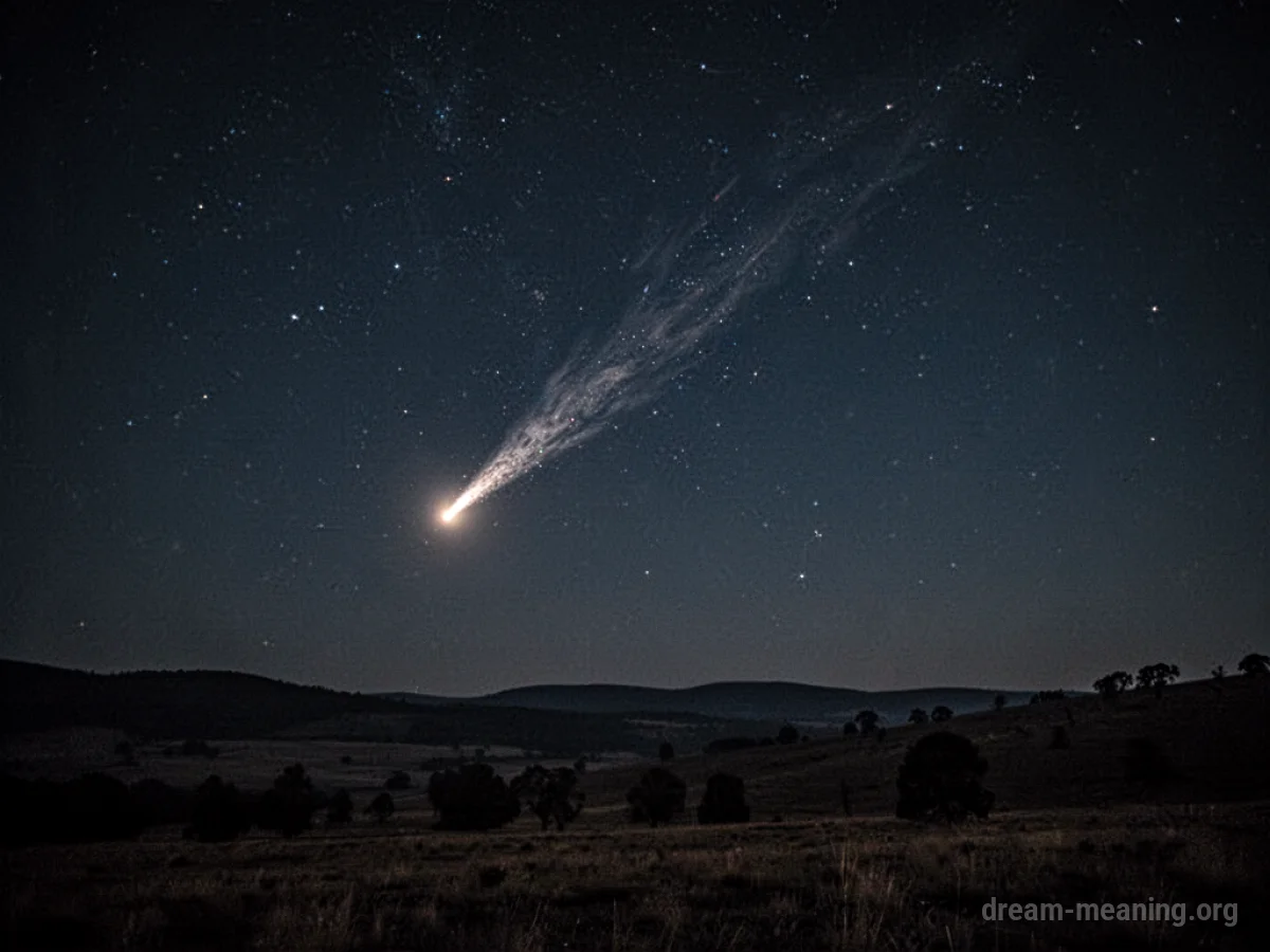 A meteor streaking across a starry night sky above a dark landscape.