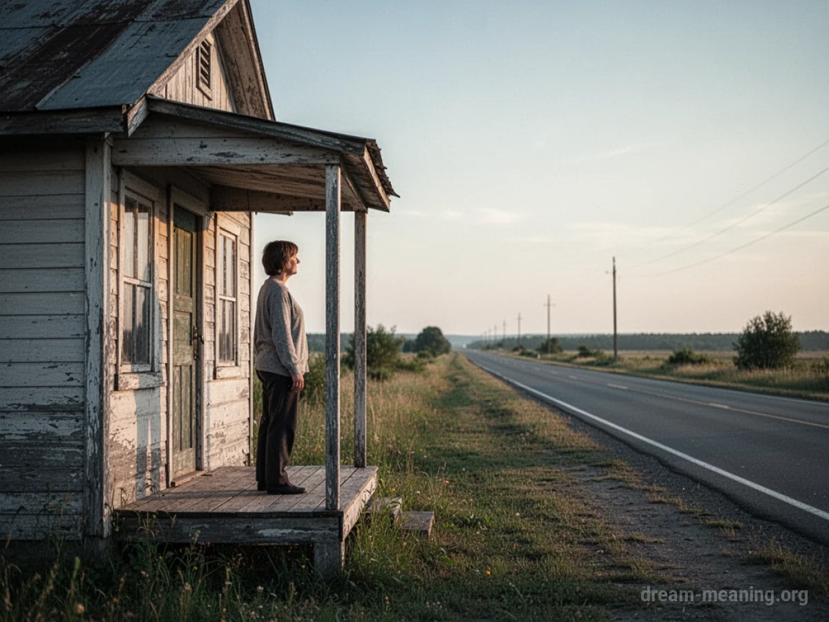 A person stands on a porch looking down a road.
