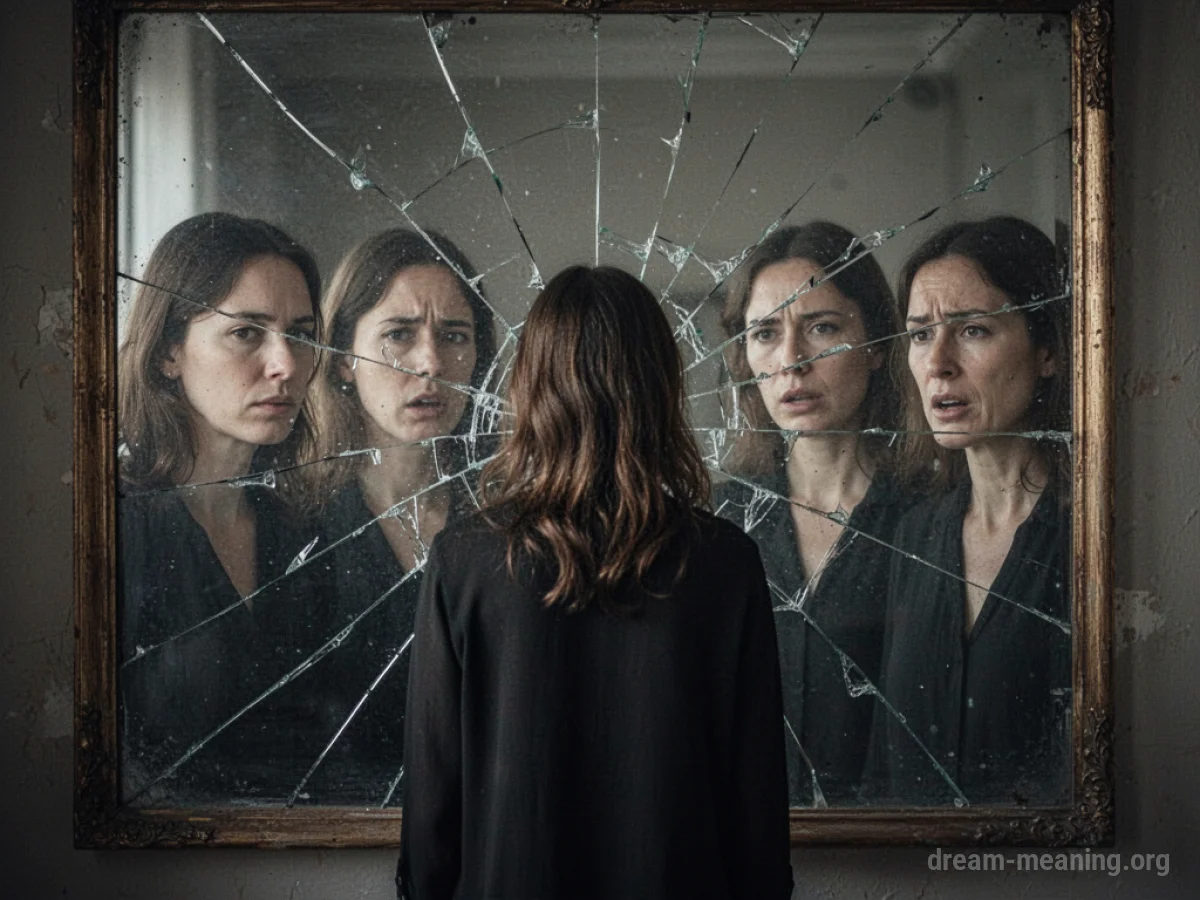 A person stands before a broken mirror showing several faint, different reflections.