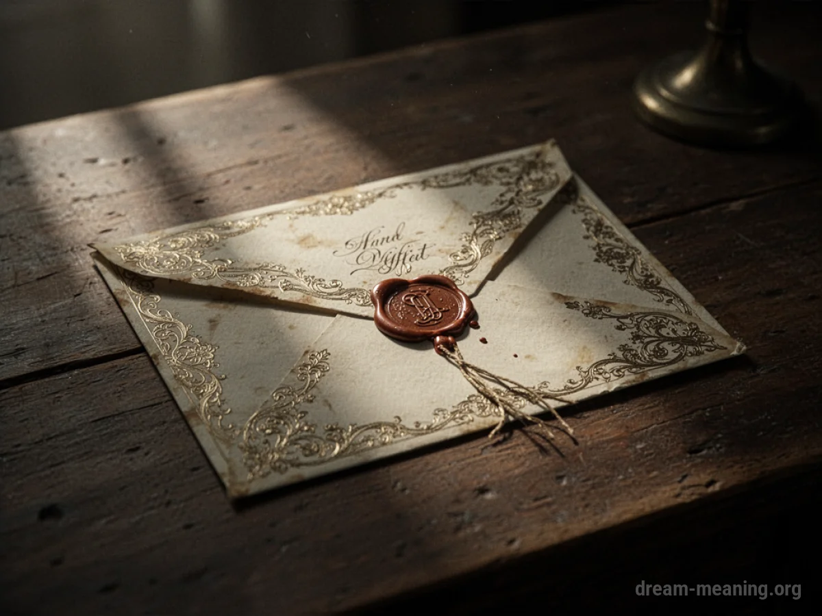 An antique envelope with a wax seal on a wooden table.