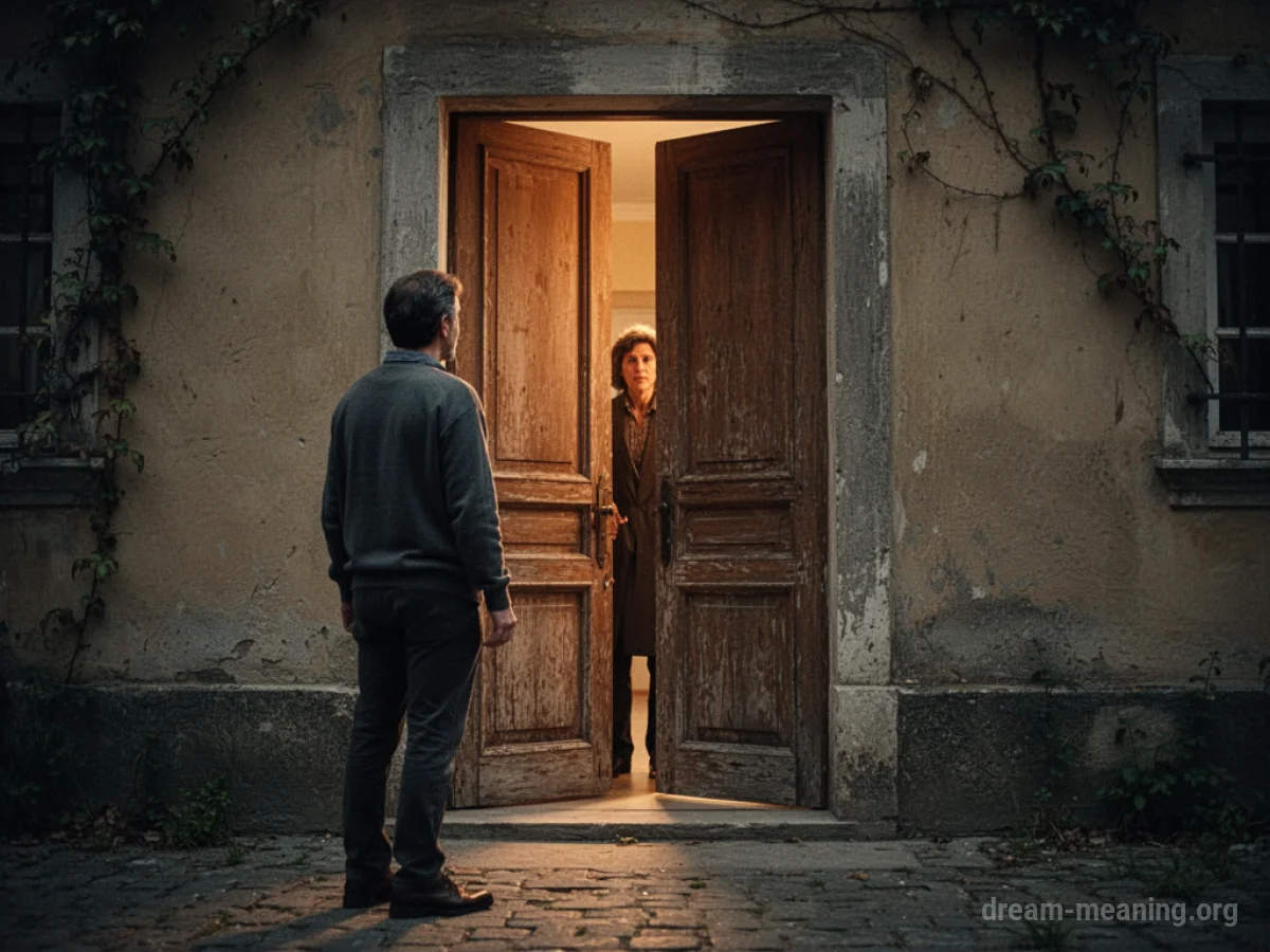 Silhouette of a person standing outside a lit doorway, looking in.